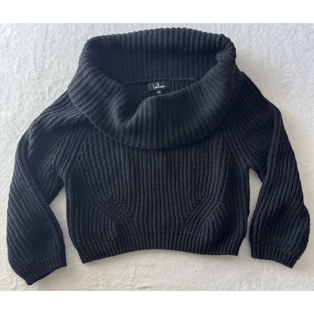 Lulus Cable Knit Ribbed Cowl Neck Off Shoulder Sweater Black Size Large